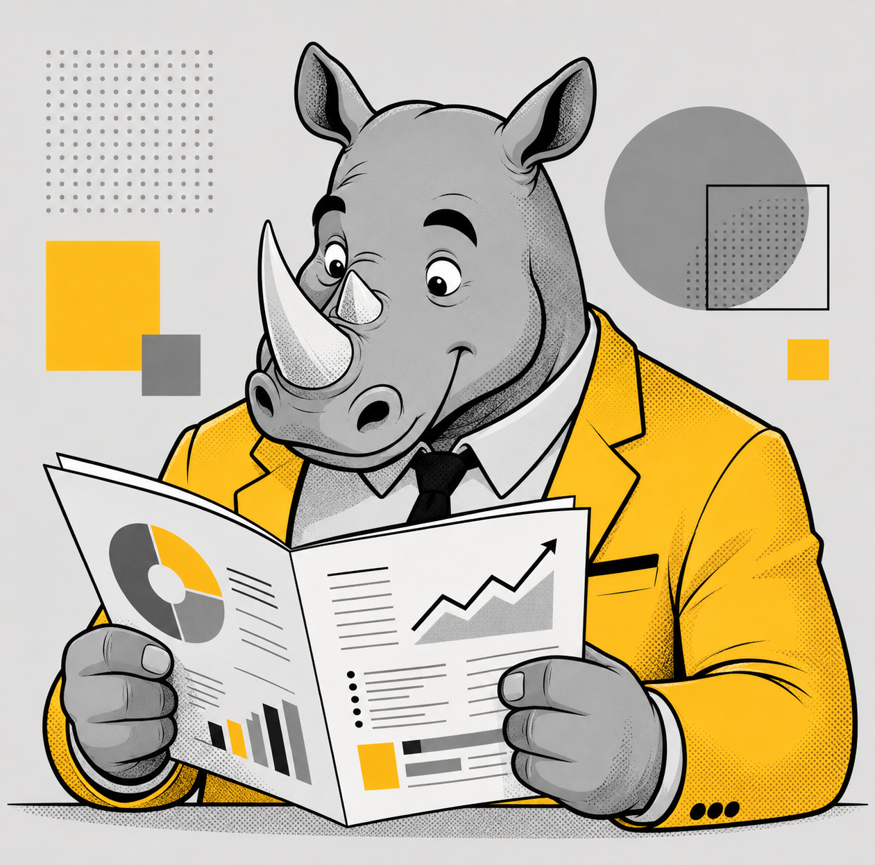 Ein Nashorn im Comicstil liest einen CSR-Bericht