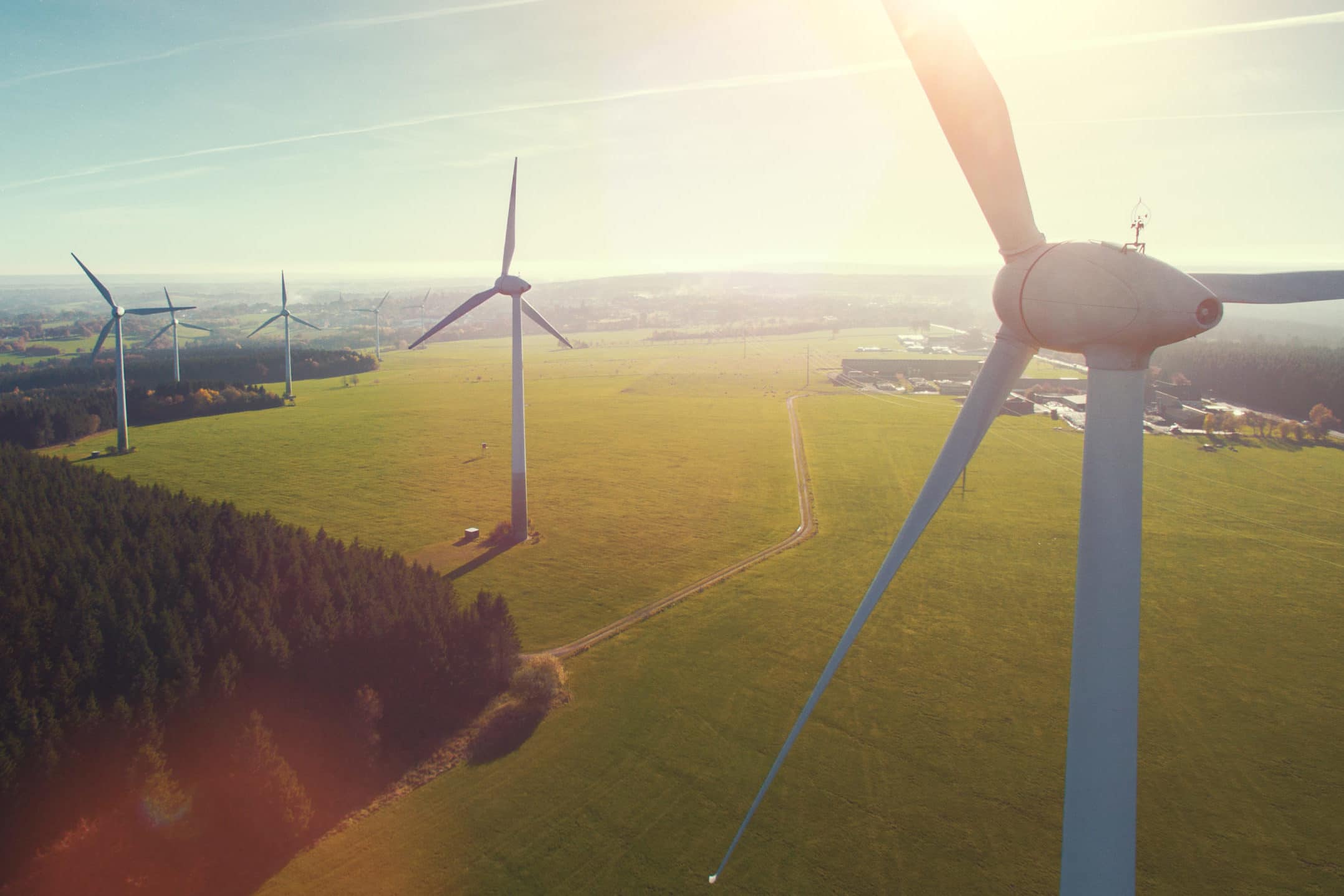 Wind turbines for power generation on a summer day