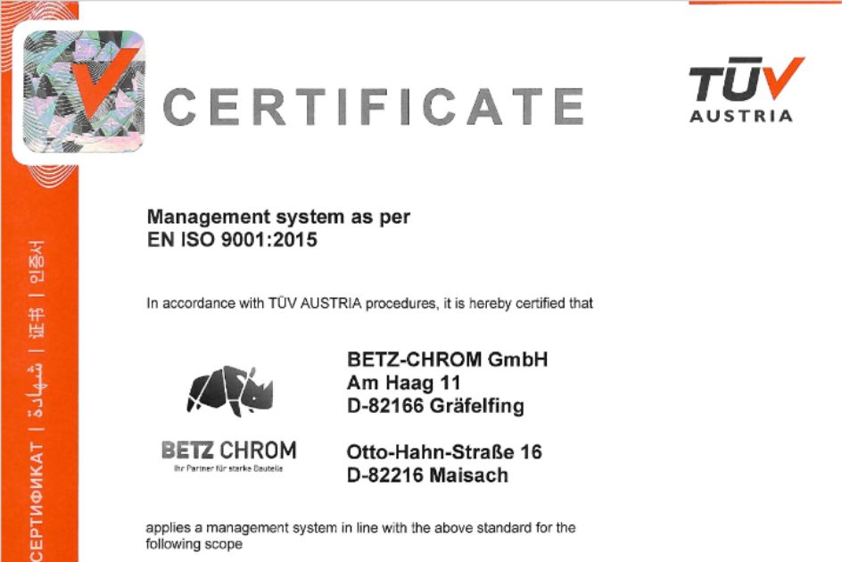 Ausschnitt aus dem Zertifikat ISO 9001 von Betz-Chrom