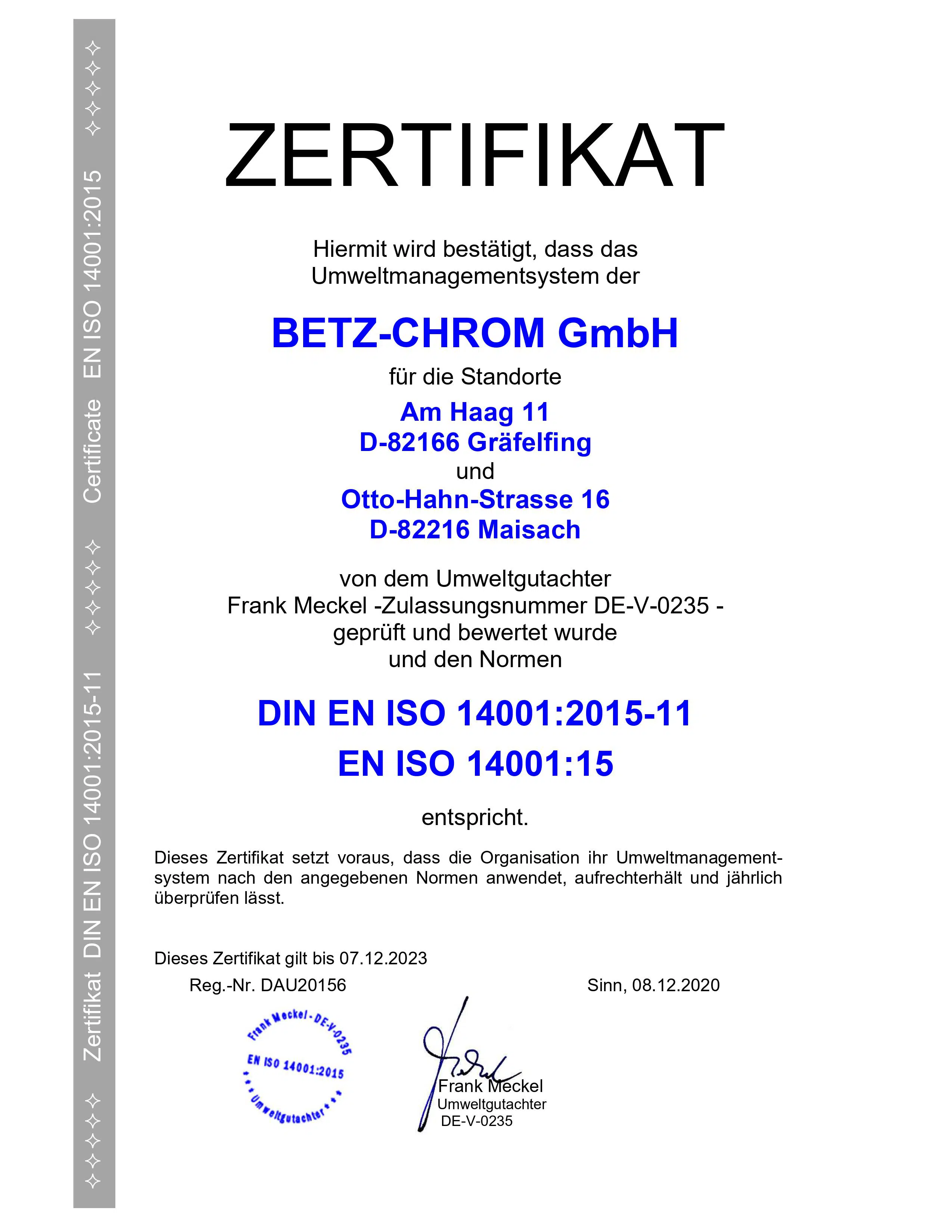 Zertifikat Umweltmanagement Norm DIN EN ISO 14001:2015-11 Betz-Chrom