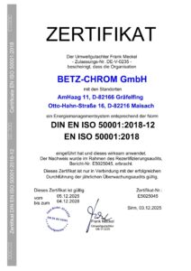 Zertifikat Energiemanagementsystem DIN EN ISO 50001:2018 der Betz-Chrom GmbH