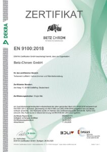 Zertifikat EN 9100 Betz-Chrom GmbH