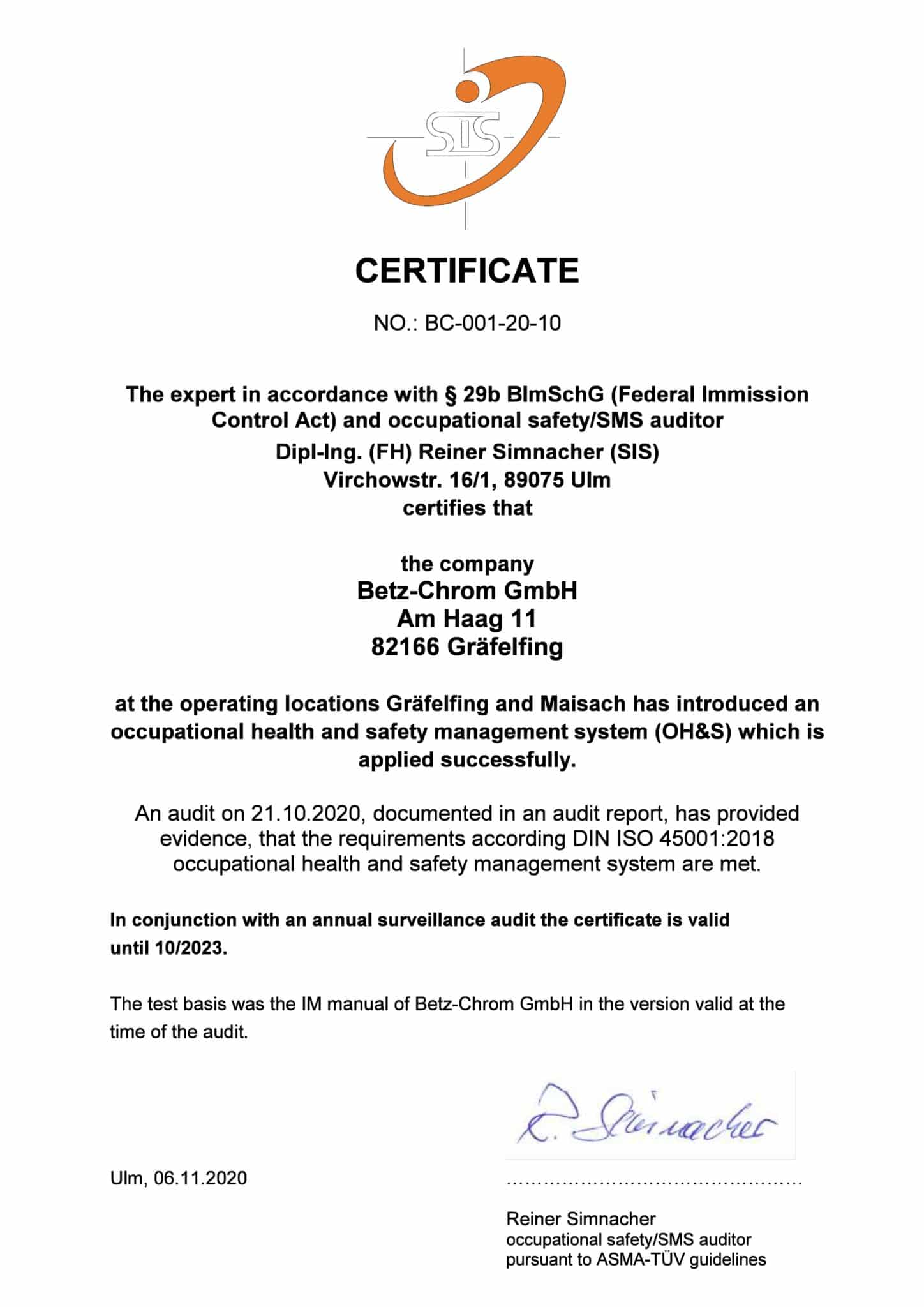 Certificate occupational health and safety management (OH&S) Betz-Chrom