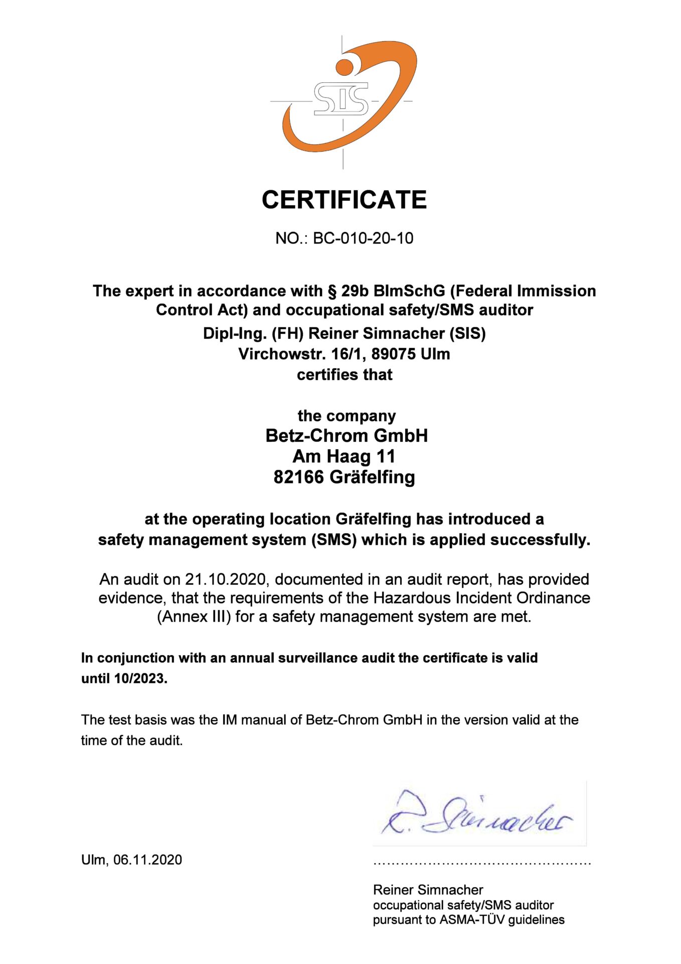 Certificate safety management system (SMS) Betz-Chrom